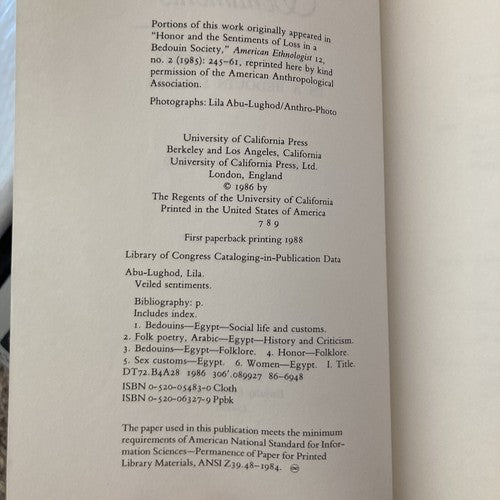 BOOK: Veiled Sentiments Paperback Lila Abu-Lughod 1986 Bedouins Egypt Social Cus