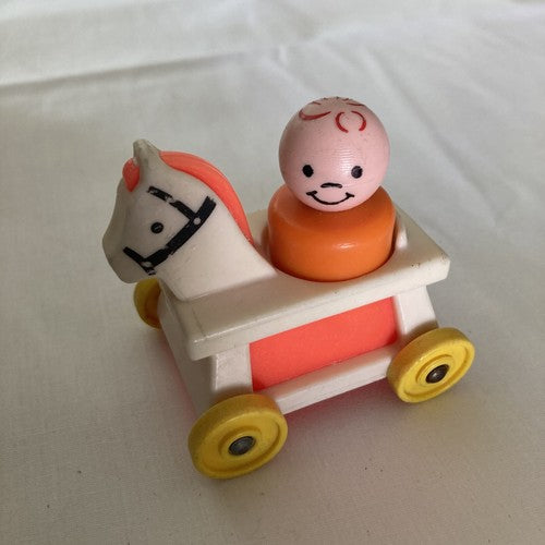 VTG Fisher Price Little People orange red boy + Nursery Rocking Horse on Wheels