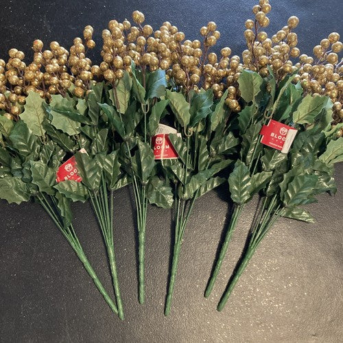 6 Bunches Bloom Room Holiday Bushes Blooms Winter Gold Berry Faux Plant Flowers