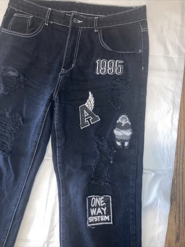 Shein XL Men's Cartoon & Letter Patch Ripped 5-Pocket Jeans AR8 Black X-Large