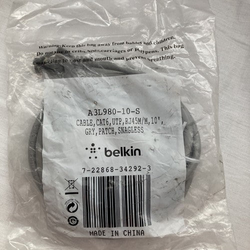 NEW Belkin 900 Series Cat. 6 UTP Patch Cable 10ft Grey A3L980-10-S