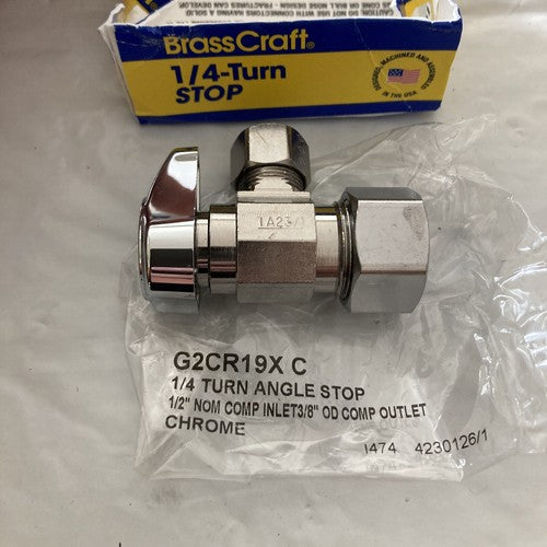 BrassCraft G2CR19XC  1/2â Nom Comp Inlet 3/8â OD Comp Outlet 1/4 Turn Stop