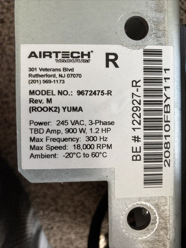 AIRTECH 9675475 VACUUM MOTOR 18,000 RPM MAX SPEED 3-PHASE 900 W 1.2 HP BSRG9