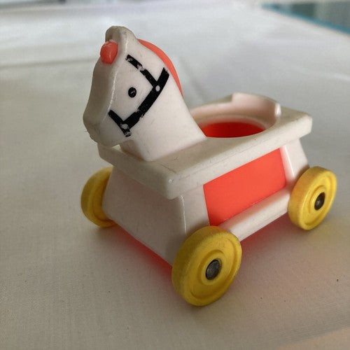 VTG Fisher Price Little People orange red boy + Nursery Rocking Horse on Wheels
