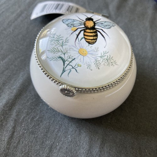NEW Honey Bee Trinket Pill Box Domed Hinged White Ceramic 2.5â W x 1.5" H Bumble