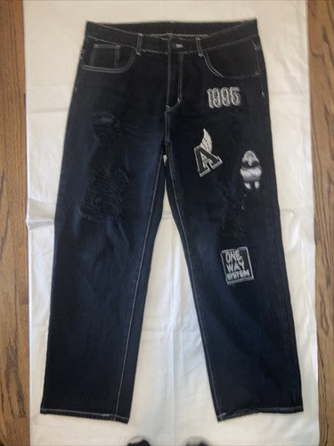 Shein XL Men's Cartoon & Letter Patch Ripped 5-Pocket Jeans AR8 Black X-Large