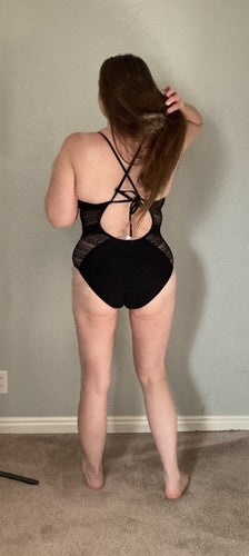 Women Swimsuit SOCIALA MEDIUM Crochet 1-Piece V Neck High Waist Black Low cut