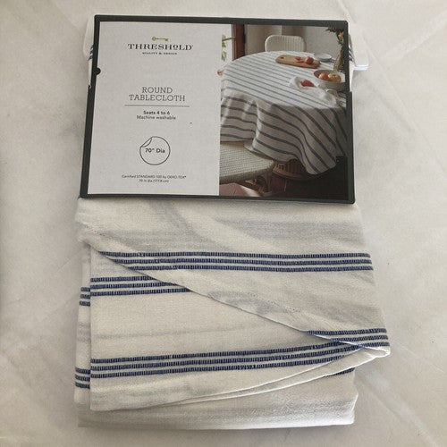 NEW 70â ROUND TABLECLOTH Threshold Target WHITE W/ NAVY BLUE STRIPES Oeko-Tex