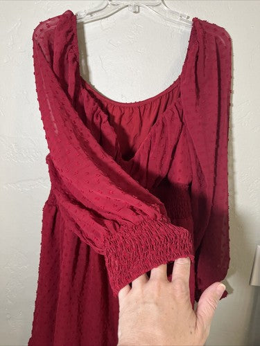 SHEIN Curve Plus Women's 3X 3XL Long Sleeve Dress Maroon Mini Flowy Dots Low Cut
