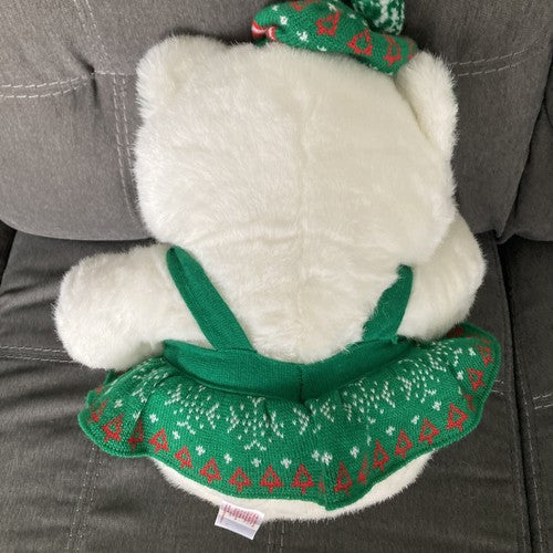 Vintage Kmart Holiday Christmas Plush White Teddy Bear 1989 16" Green Dress &Hat