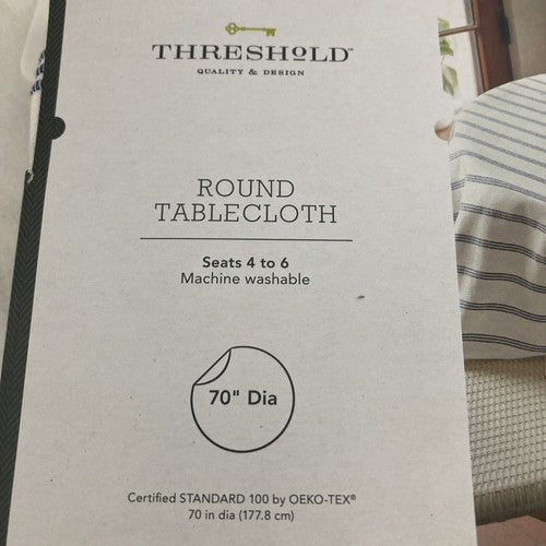 NEW 70â ROUND TABLECLOTH Threshold Target WHITE W/ NAVY BLUE STRIPES Oeko-Tex