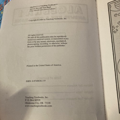 BOOK: Algebra 1: Answer Key & Test Bank - Paperback By Greg Sabouri Math School