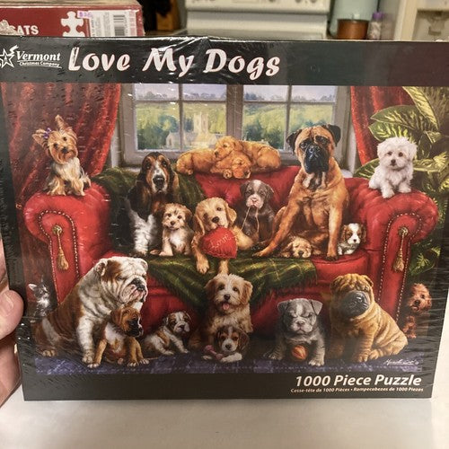 NEW Vermont Christmas Co. Love My Dogs 1000 Piece Jigsaw Puzzle Dog Puppy Cute