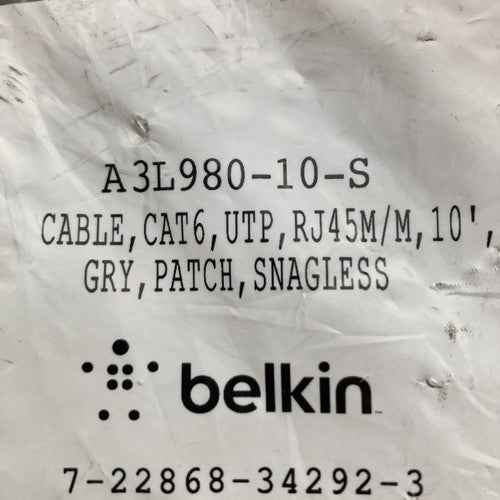 NEW Belkin 900 Series Cat. 6 UTP Patch Cable 10ft Grey A3L980-10-S
