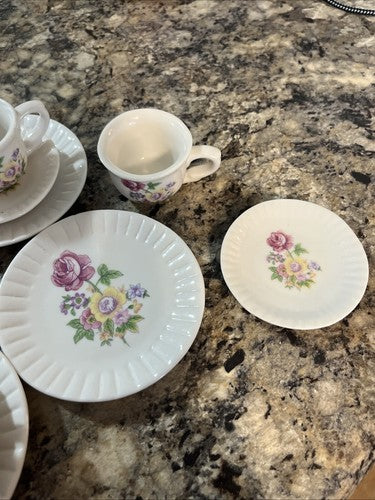 VTG Miniature Tea Set Porcelain Floral Design Cups Plates Cream Sugar Pot Spoon