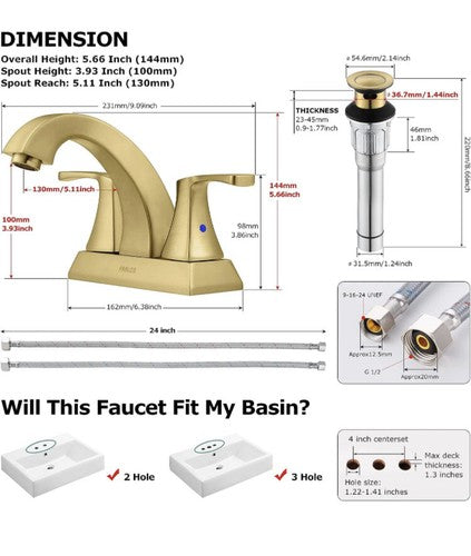 PARLOS 2 Handles Bathroom Faucet Brushed Gold Doris 1407208 Pop Up Drain & Lines