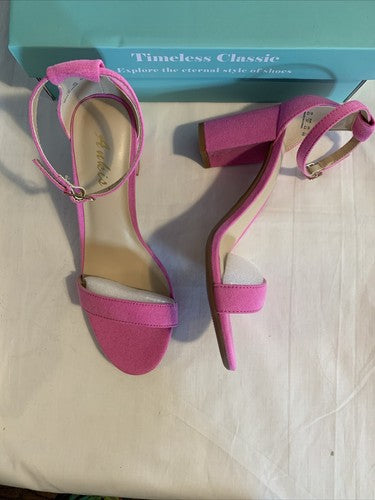 Ankis Pink Heels Size 6.5 Women Open Toe Ankle Strap Chunky 2.75" Heel Sandals