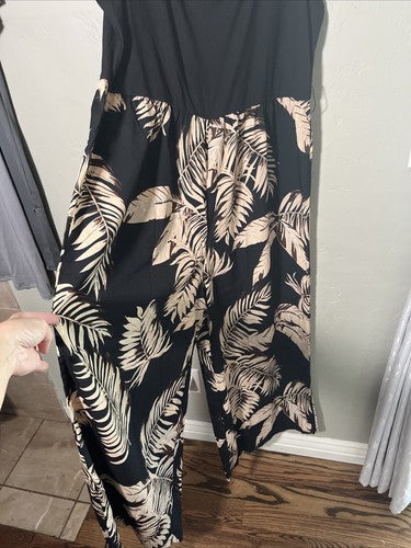 SHEIN Curve Women's 3X Wide Leg Jumpsuit Black/Brown Leaves Leaf Print Plus Size