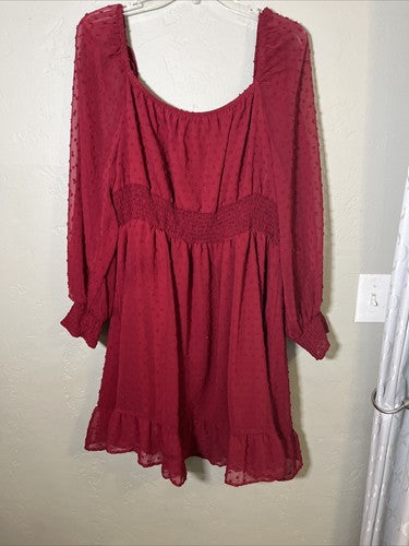 SHEIN Curve Plus Women's 3X 3XL Long Sleeve Dress Maroon Mini Flowy Dots Low Cut