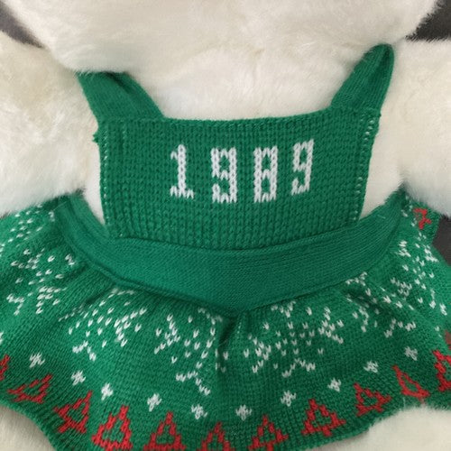 Vintage Kmart Holiday Christmas Plush White Teddy Bear 1989 16" Green Dress &Hat