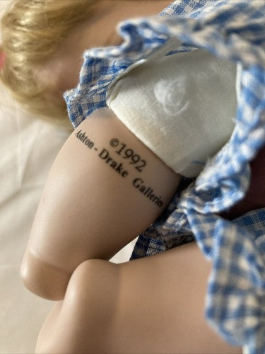 Ashton Drake 14â Porcelain doll 1992 glass eyes Vintage Blue Outfit Blonde Baby