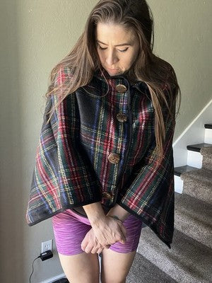 NEW Top It Off Accessories BLACK Plaid buttons Pull Over Cape shawl Top Winter