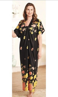 Women's Long Length Kaftan Hawaiian Muu Muu Night Gown Black Pocket Large Moomoo
