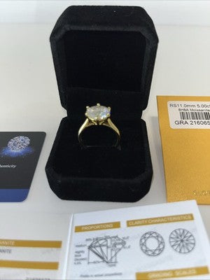 NEW RING 5 Carat Moissanite Size 8 Graded/ Certification A925 Sterling Gold