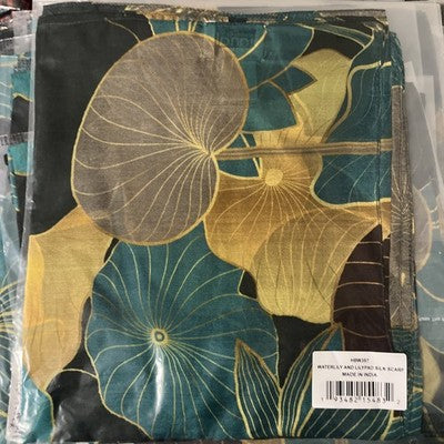 NEW Exclusively For Signals 100% Real Silk Scarf WaterLily & Lilypad Gold Green