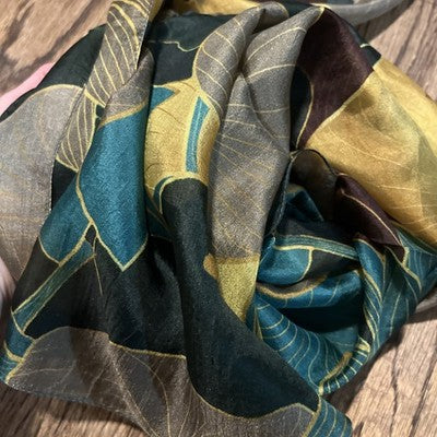 NEW Exclusively For Signals 100% Real Silk Scarf WaterLily & Lilypad Gold Green