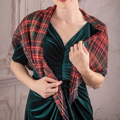 Victorian Trading Scottish Lassie Pleated Red Tartan Scarf Shawl Red Plaid Wrap