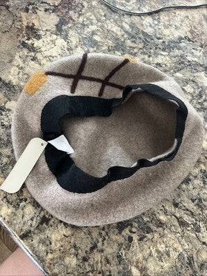 NWT Pretty Persuasions 100% wool beret Tan Black Yellow Brown Design Hat Cap