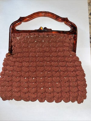Art Deco Burnt Orange Crochet Evening Bag Brown/red Acrylic Handle - Vintage