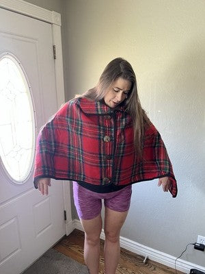 NEW Top It Off Jacket RED Plaid buttons Pull Over Cape shawl Wrap Seasonal Cover