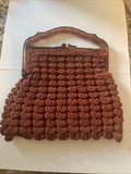 Art Deco Burnt Orange Crochet Evening Bag Brown/red Acrylic Handle - Vintage