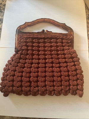 Art Deco Burnt Orange Crochet Evening Bag Brown/red Acrylic Handle - Vintage