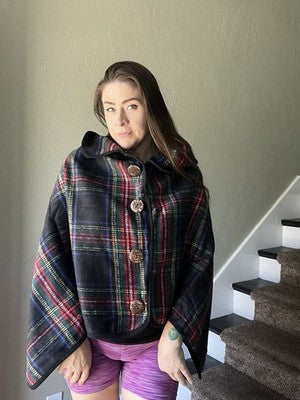 NEW Top It Off Accessories BLACK Plaid buttons Pull Over Cape shawl Top Winter