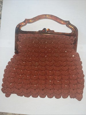Art Deco Burnt Orange Crochet Evening Bag Brown/red Acrylic Handle - Vintage