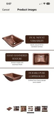 Monarch Abode 21" Copper Sink Venitian Dual Mount Undermount Drop In Bathroom