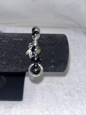 Glass beaded charm bracelet Silver Black White Gorgeous Quality Stretchy Jewelry