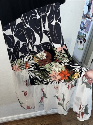 NWT Shana Apparel SMALL Right To Education Multi-print Tiered Dress Black Floral