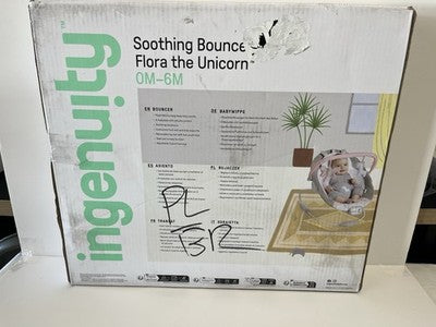 NEW Ingenuity Flora the Unicorn Soothing Bouncer Plush Fabrics & Melodies 0-6mo