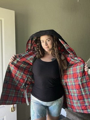 NWT Oopera Reversible SMALL Raincoat red black plaid j2315rw-1 Button Up Hooded