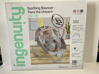 NEW Ingenuity Flora the Unicorn Soothing Bouncer Plush Fabrics & Melodies 0-6mo