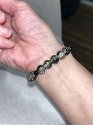 Glass beaded charm bracelet Silver Black White Gorgeous Quality Stretchy Jewelry