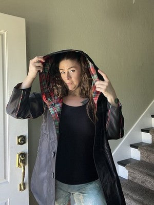 NWT Oopera Reversible SMALL Raincoat red black plaid j2315rw-1 Button Up Hooded