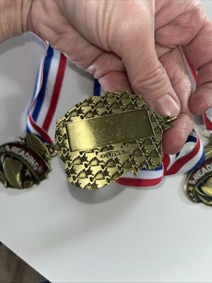 LOT Of 3 Crown Reading Teacher School Metal Ribbon 16" Award Red White Blue Good