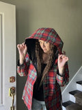 NWT Oopera Reversible SMALL Raincoat red black plaid j2315rw-1 Button Up Hooded