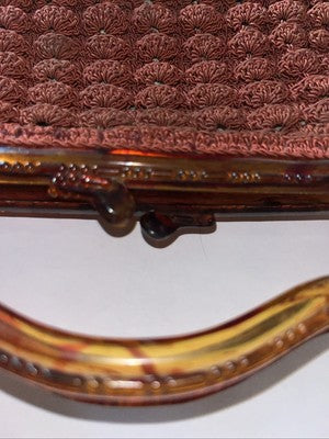 Art Deco Burnt Orange Crochet Evening Bag Brown/red Acrylic Handle - Vintage