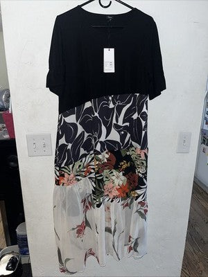 NWT Shana Apparel SMALL Right To Education Multi-print Tiered Dress Black Floral